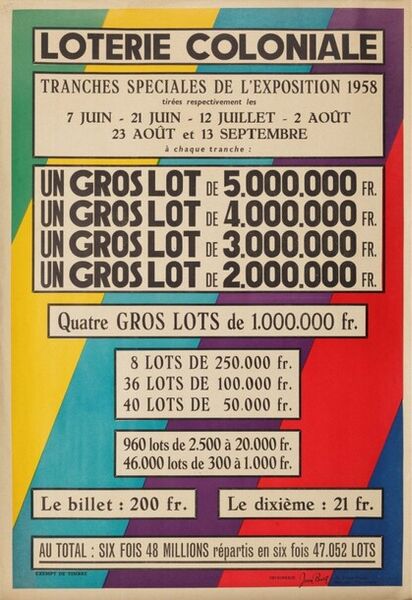 Loterie Coloniale. Tranches spéciales de l'exposition 1958