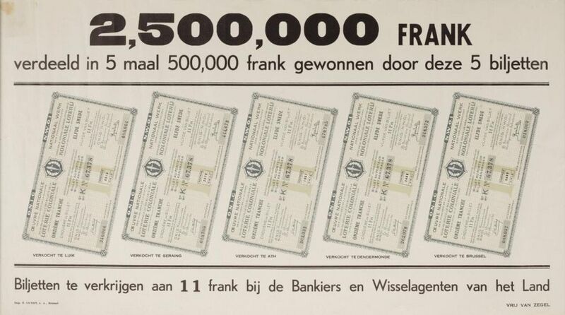 2.500.000 FRANK, verdeeld in 5 maal 500.000 frank gewonnen door deze 5 biljetten