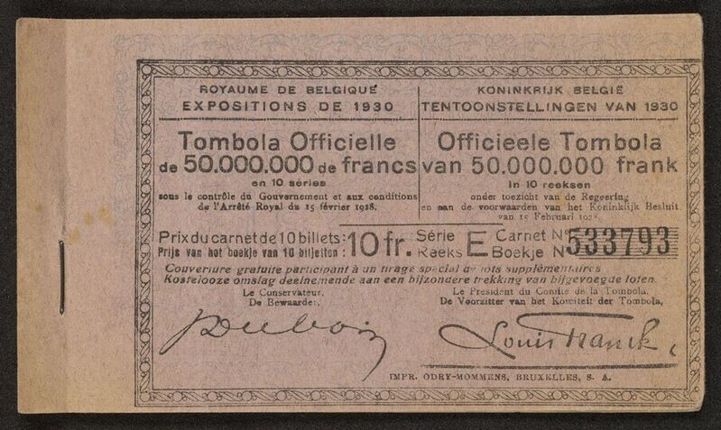 Koninkrijk België. Tentoonstelling van 1930. Officieele [sic] tombola van 50.000.000 frank in 10 reeksen.