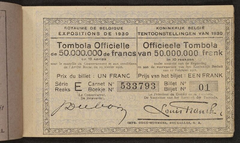 Royaume de Belgique. Expositions de 1930. Tombola officielle de 50.000.000 de francs en 10 séries.