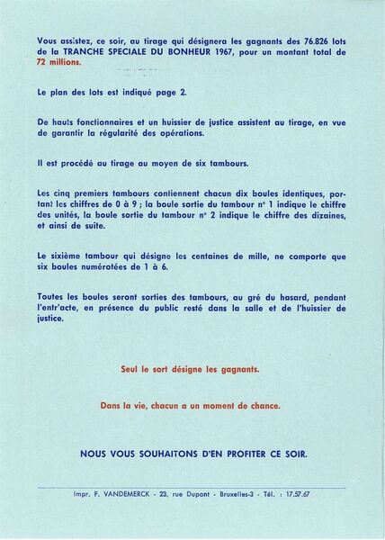 Tranche spéciale du Bonheur 1967. Programme