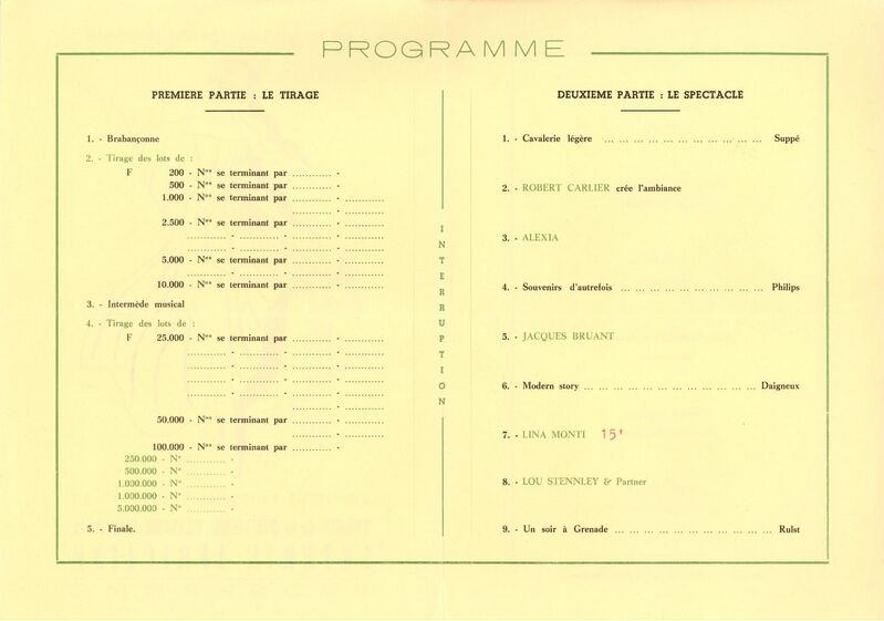 Tirage de la deuxième tranche 1962 de la Loterie Africaine. Programme